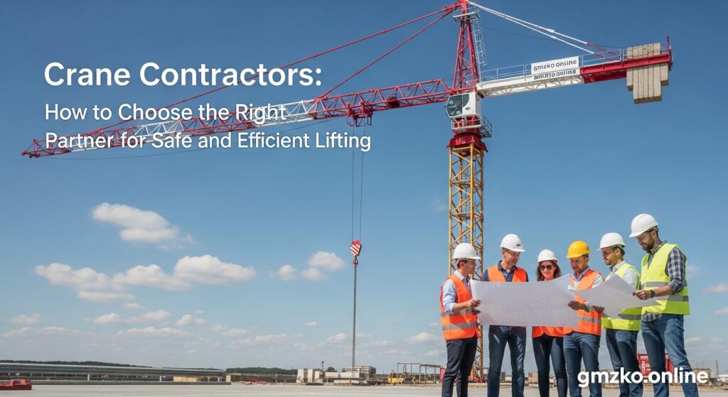 Crane contractors lifting heavy construction materials at a commercial job site